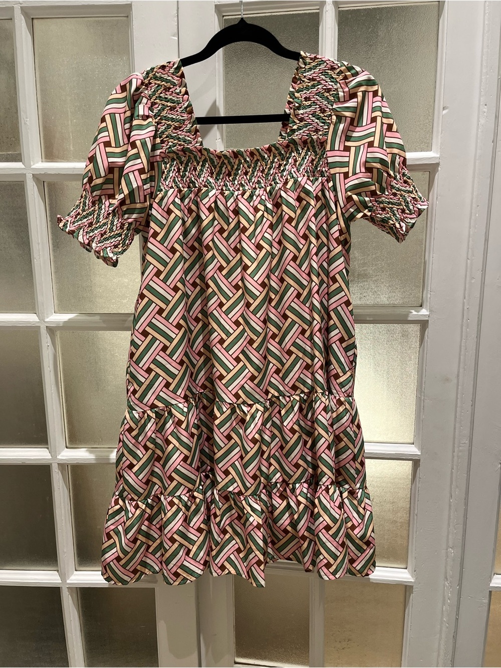 Women’s  Pink Green Geometric Smocked Dress